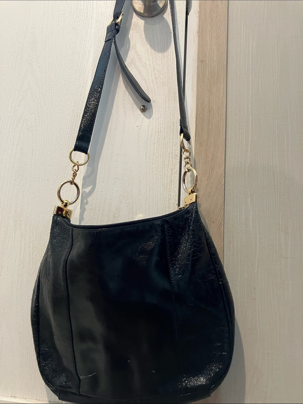 HOBO Black Leather Shoulder Bag with Gold Rings